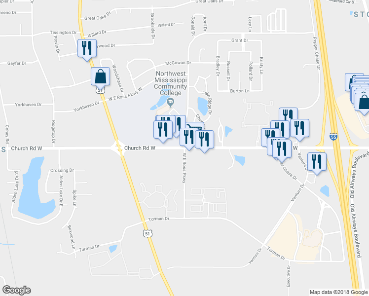 map of restaurants, bars, coffee shops, grocery stores, and more near 4740 West East Ross Parkway in Southaven