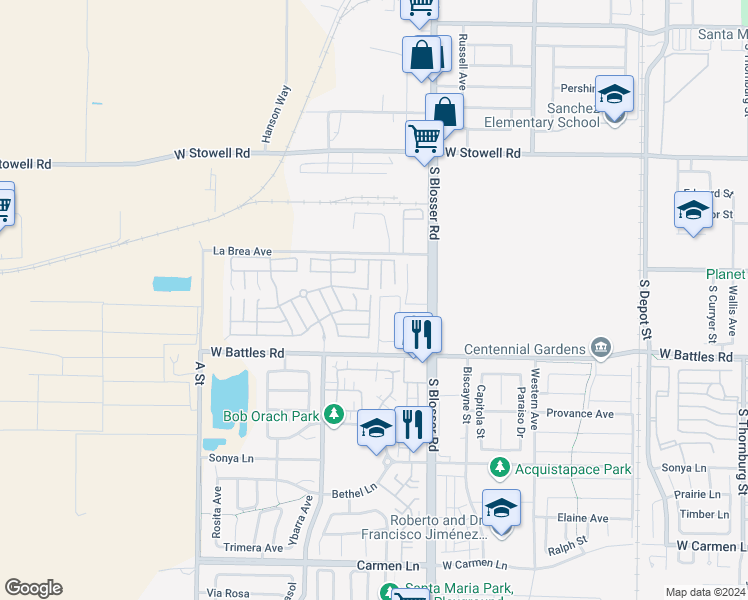 map of restaurants, bars, coffee shops, grocery stores, and more near 1544 South Oberlin Court in Santa Maria