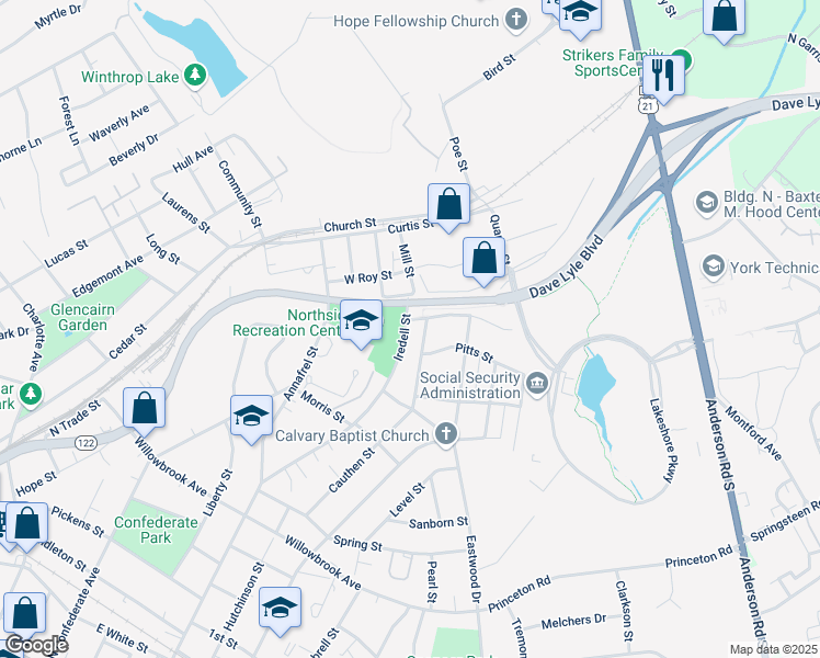 map of restaurants, bars, coffee shops, grocery stores, and more near 966 Iredell Street in Rock Hill