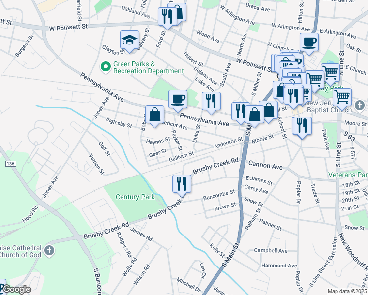 map of restaurants, bars, coffee shops, grocery stores, and more near 1 Geer Street in Greer