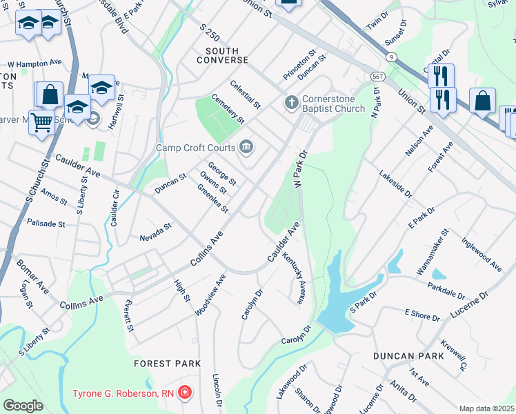 map of restaurants, bars, coffee shops, grocery stores, and more near 205 South Carolina Avenue in Spartanburg