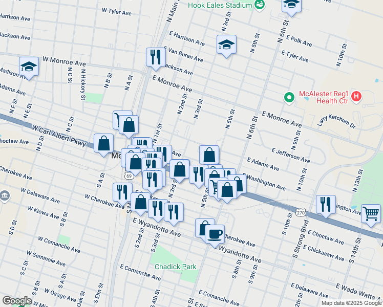map of restaurants, bars, coffee shops, grocery stores, and more near 301 East Washington Avenue in McAlester