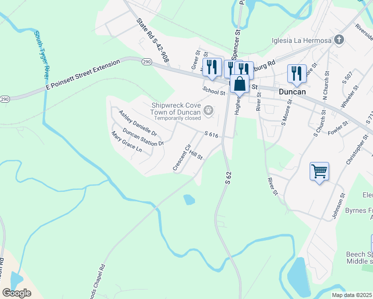 map of restaurants, bars, coffee shops, grocery stores, and more near 194 Crescent Circle in Duncan