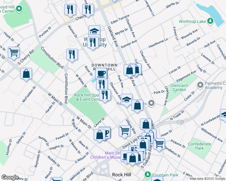 map of restaurants, bars, coffee shops, grocery stores, and more near 351 Ebenezer Avenue in Rock Hill