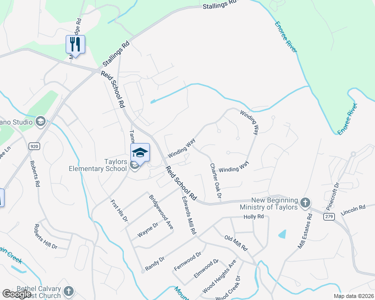 map of restaurants, bars, coffee shops, grocery stores, and more near 1213 Charter Oak Drive in Taylors