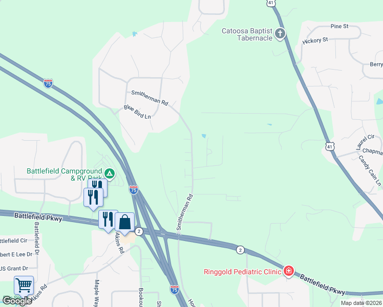 map of restaurants, bars, coffee shops, grocery stores, and more near 388 Smitherman Road in Ringgold
