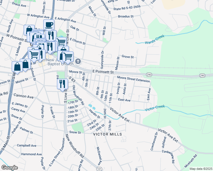 map of restaurants, bars, coffee shops, grocery stores, and more near 19 10th Street in Greer
