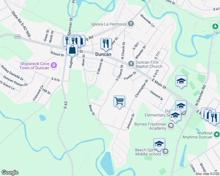 map of restaurants, bars, coffee shops, grocery stores, and more near 119 South Church Street in Duncan
