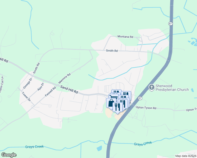 map of restaurants, bars, coffee shops, grocery stores, and more near 1300 Chedington Road in Hope Mills