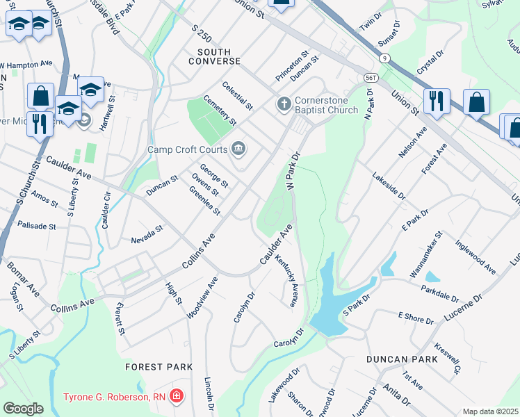 map of restaurants, bars, coffee shops, grocery stores, and more near 205 South Carolina Avenue in Spartanburg