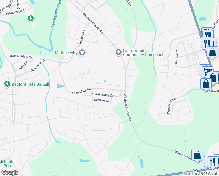 map of restaurants, bars, coffee shops, grocery stores, and more near 3012 Fallondale Road in Waxhaw