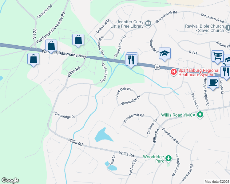 map of restaurants, bars, coffee shops, grocery stores, and more near 229 Bent Oak Way in Spartanburg