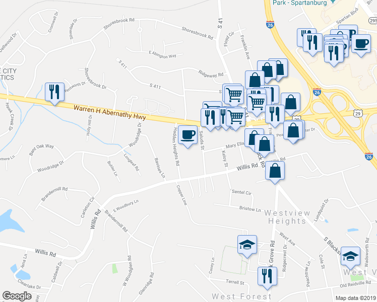 map of restaurants, bars, coffee shops, grocery stores, and more near 8199 Warren H Abernathy Highway in Spartanburg