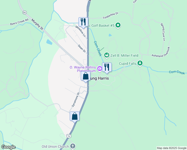 map of restaurants, bars, coffee shops, grocery stores, and more near College Street in Young Harris