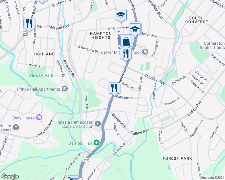 map of restaurants, bars, coffee shops, grocery stores, and more near 730 South Church Street in Spartanburg
