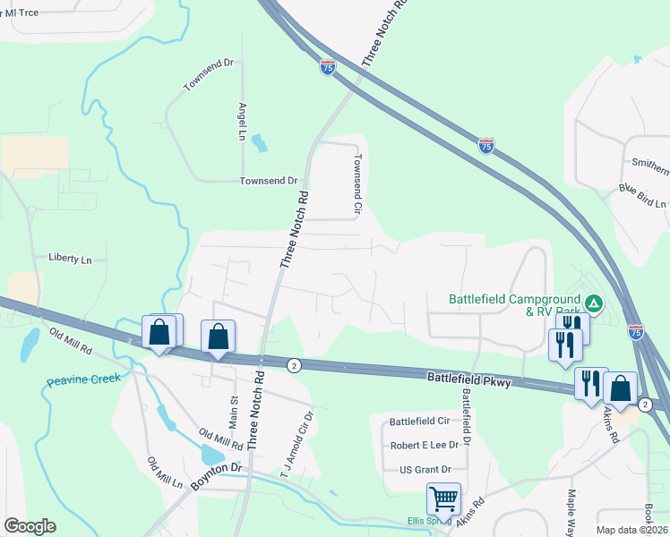 map of restaurants, bars, coffee shops, grocery stores, and more near 23 Stonecrest Drive in Ringgold