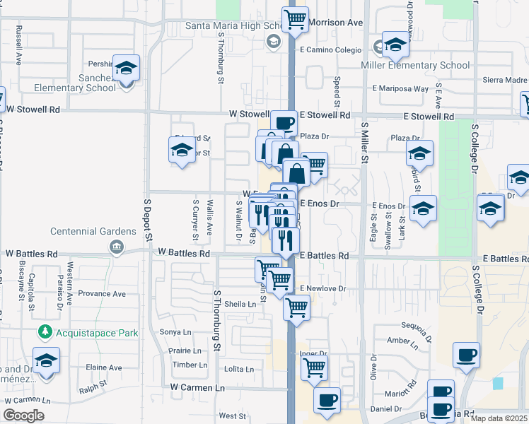map of restaurants, bars, coffee shops, grocery stores, and more near 1528 South Barbara Street in Santa Maria
