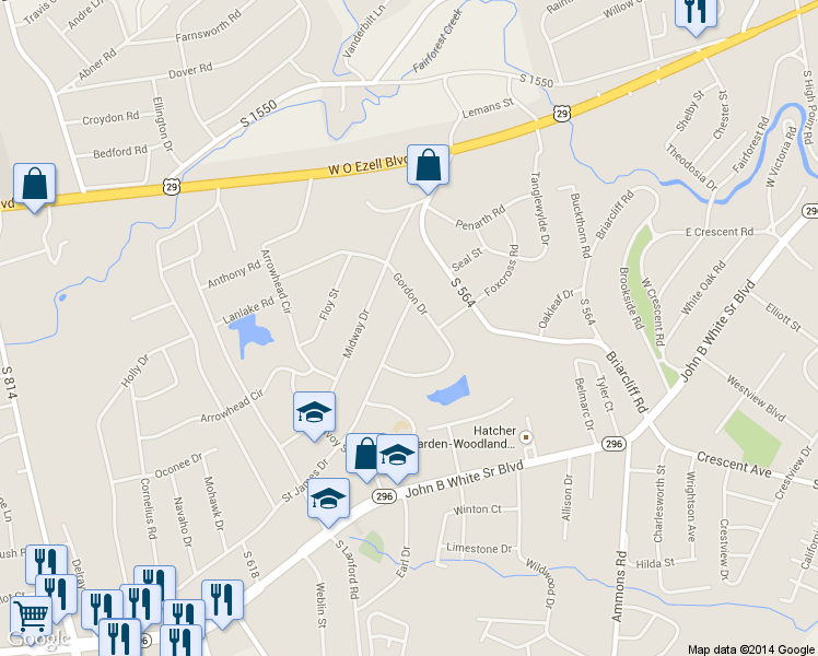 map of restaurants, bars, coffee shops, grocery stores, and more near 105 Saint James Drive in Spartanburg