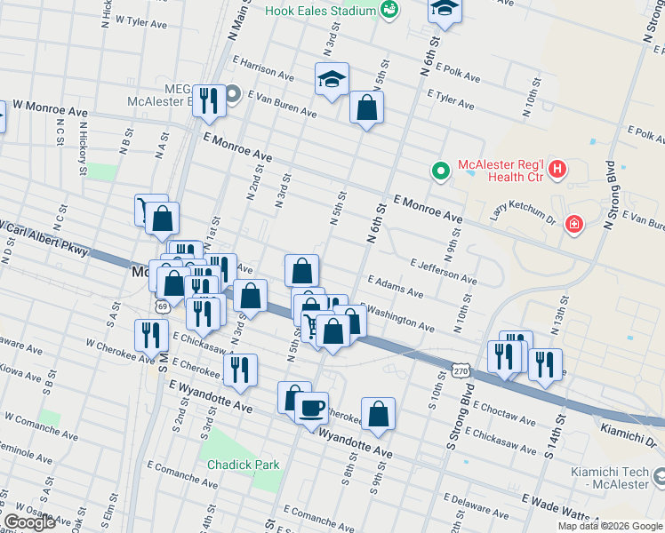 map of restaurants, bars, coffee shops, grocery stores, and more near 510 East Adams Avenue in McAlester