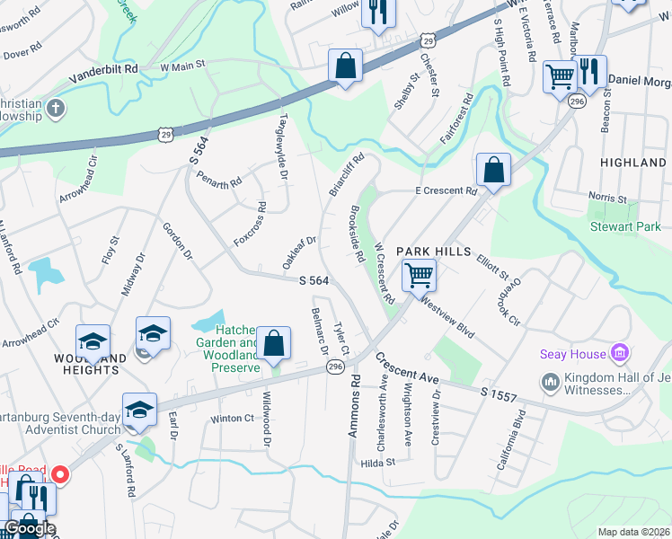 map of restaurants, bars, coffee shops, grocery stores, and more near 213 Briarcliff Road in Spartanburg