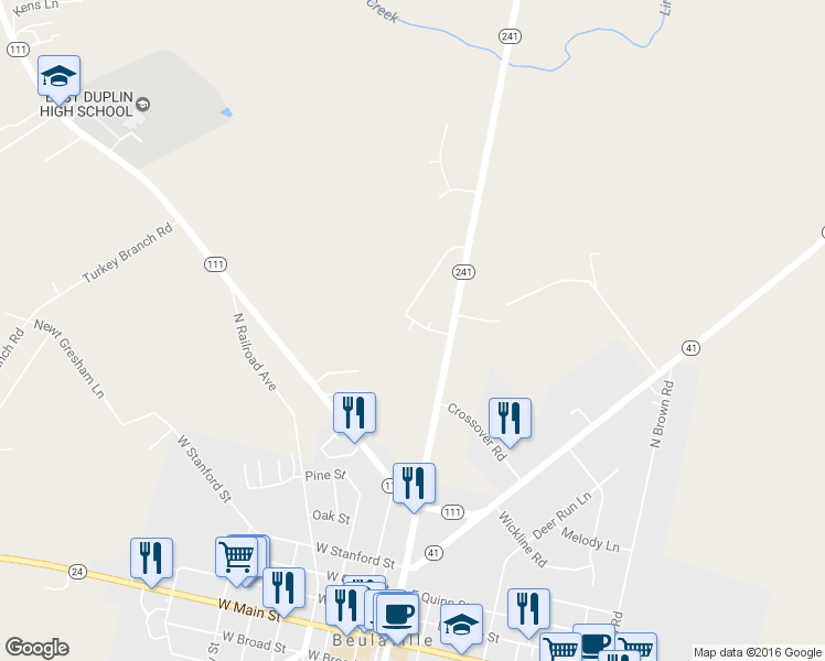 map of restaurants, bars, coffee shops, grocery stores, and more near 123 Hermitage Estates Lane in Beulaville