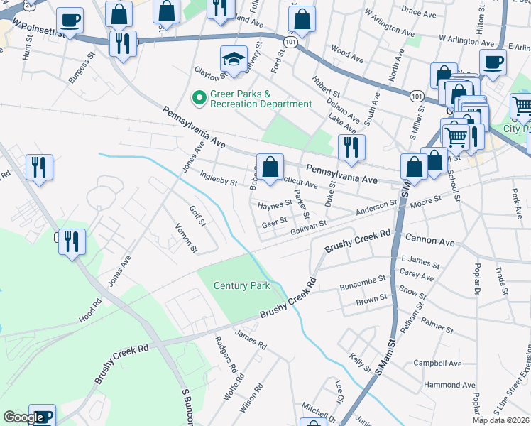 map of restaurants, bars, coffee shops, grocery stores, and more near 1 Thompson Street in Greer
