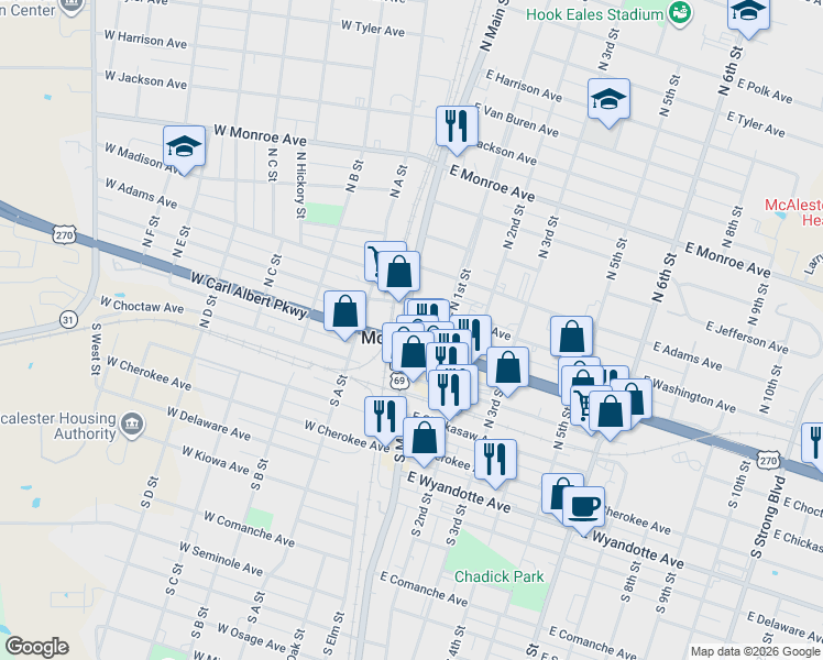 map of restaurants, bars, coffee shops, grocery stores, and more near 200 North Main Street in McAlester
