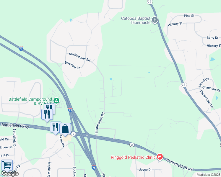 map of restaurants, bars, coffee shops, grocery stores, and more near 66 Debra Lane in Ringgold