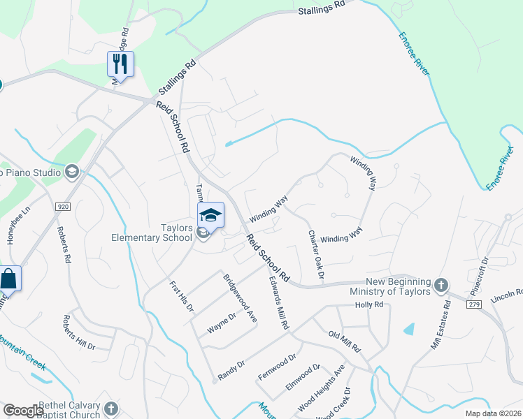 map of restaurants, bars, coffee shops, grocery stores, and more near 1103 Winding Way in Taylors