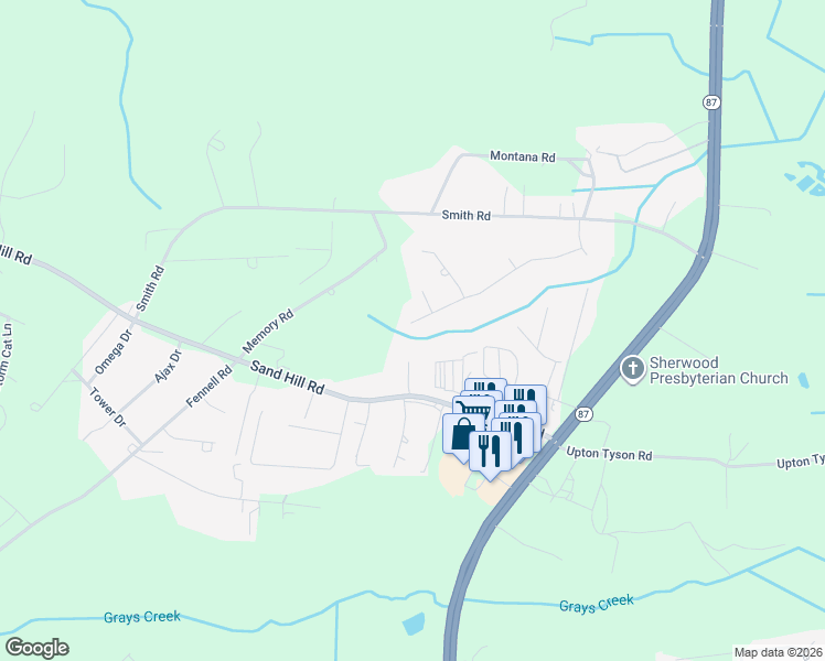 map of restaurants, bars, coffee shops, grocery stores, and more near 1300 Chedington Road in Hope Mills