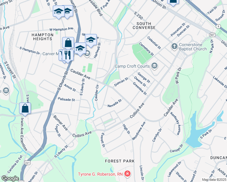 map of restaurants, bars, coffee shops, grocery stores, and more near 325 Caulder Avenue in Spartanburg