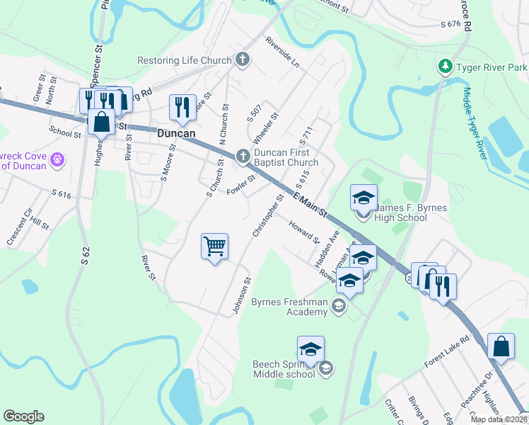 map of restaurants, bars, coffee shops, grocery stores, and more near 107 Christopher Street in Duncan