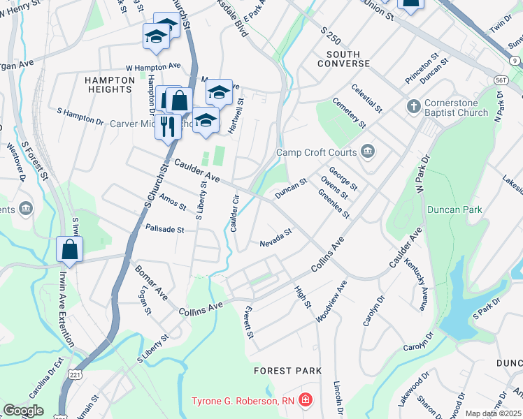 map of restaurants, bars, coffee shops, grocery stores, and more near 290 Caulder Circle in Spartanburg