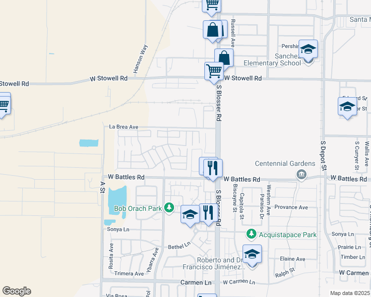 map of restaurants, bars, coffee shops, grocery stores, and more near 1541 South Oberlin Court in Santa Maria