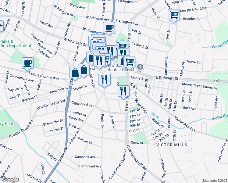 map of restaurants, bars, coffee shops, grocery stores, and more near 105 Daniel Avenue in Greer