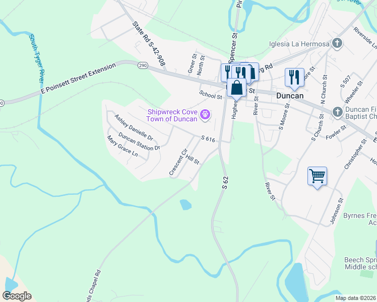 map of restaurants, bars, coffee shops, grocery stores, and more near 40 Hill Street in Duncan