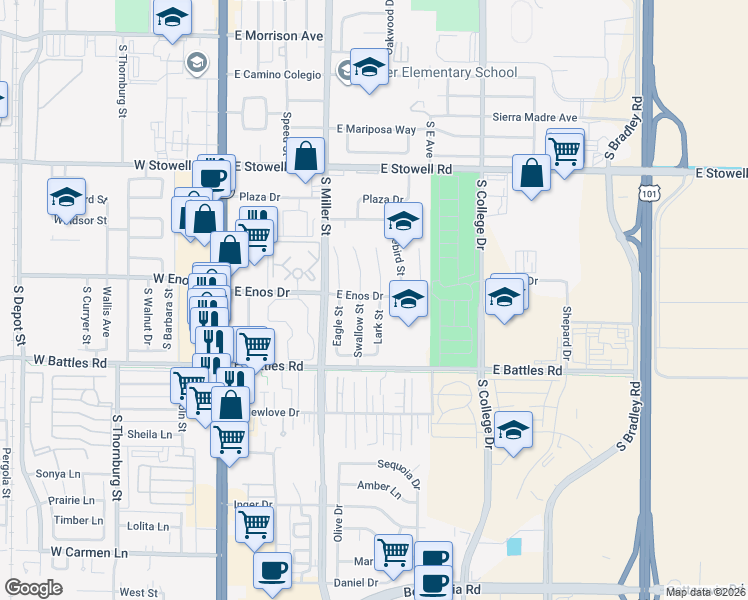 map of restaurants, bars, coffee shops, grocery stores, and more near 1510 Lark Street in Santa Maria