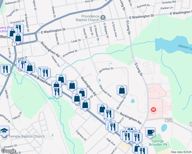 map of restaurants, bars, coffee shops, grocery stores, and more near 440 Marshall Avenue in Rockingham