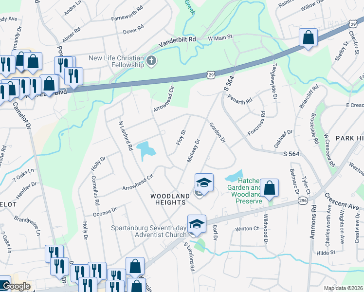 map of restaurants, bars, coffee shops, grocery stores, and more near 137 Floy Street in Spartanburg