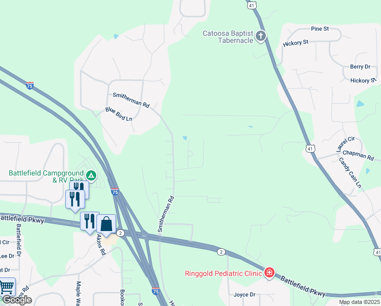 map of restaurants, bars, coffee shops, grocery stores, and more near 66 Debra Lane in Ringgold