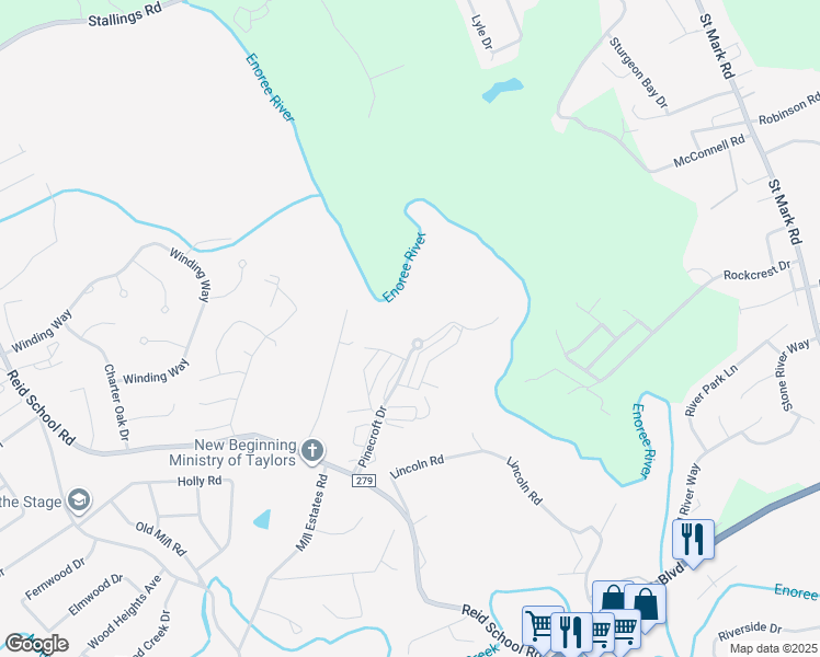 map of restaurants, bars, coffee shops, grocery stores, and more near 1105 Pinecroft Drive in Taylors