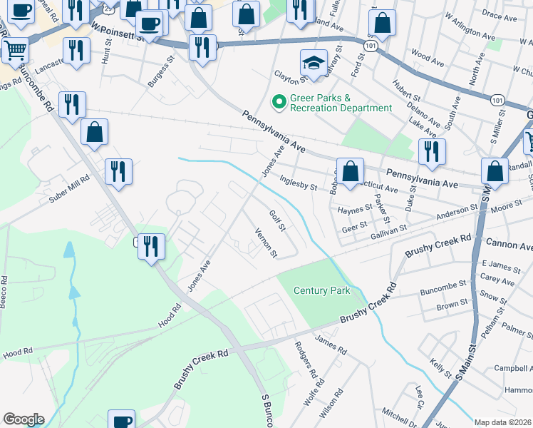 map of restaurants, bars, coffee shops, grocery stores, and more near 112 Golf Street in Greer