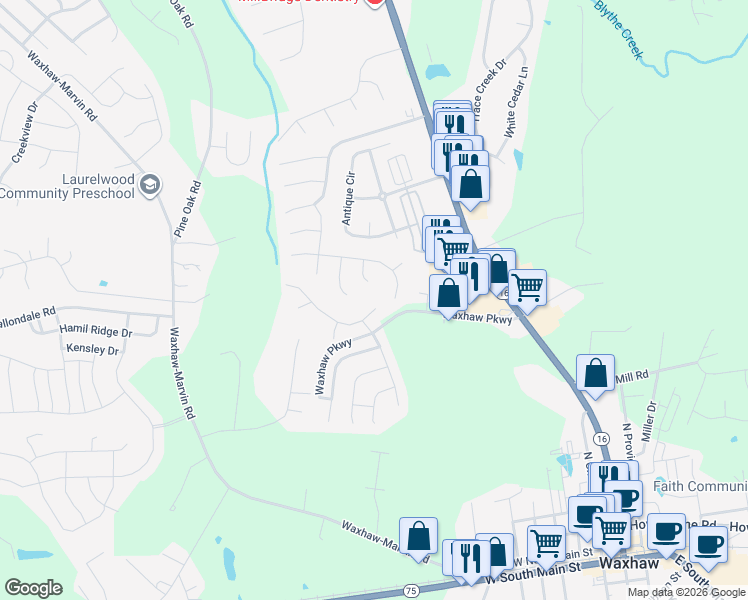 map of restaurants, bars, coffee shops, grocery stores, and more near 2217 Thorn Crest Drive in Waxhaw