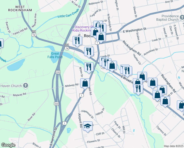 map of restaurants, bars, coffee shops, grocery stores, and more near Route 1 in Rockingham