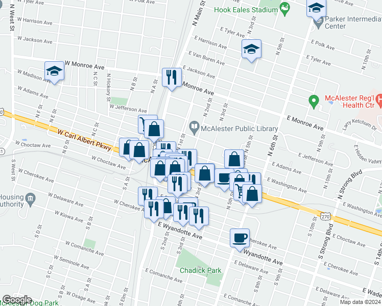 map of restaurants, bars, coffee shops, grocery stores, and more near 318 East Washington Avenue in McAlester