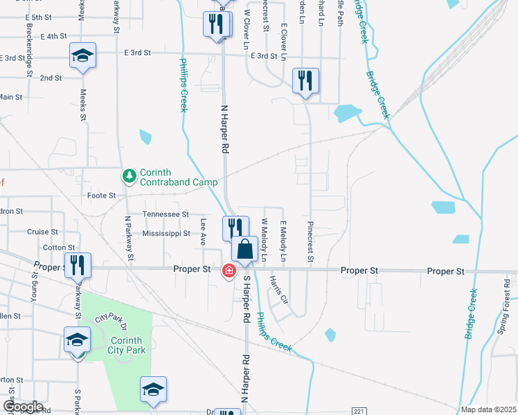 map of restaurants, bars, coffee shops, grocery stores, and more near 100-112 West Melody Lane in Corinth