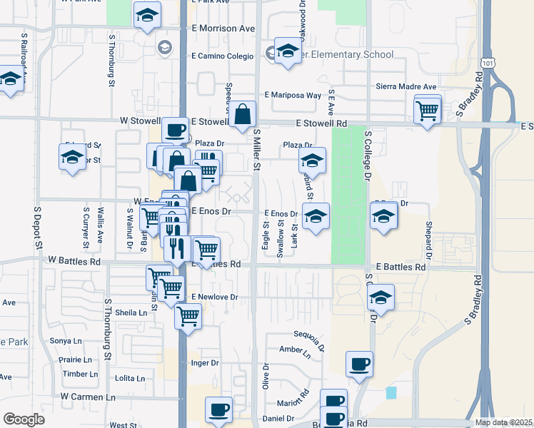 map of restaurants, bars, coffee shops, grocery stores, and more near 1422 Eagle Street in Santa Maria