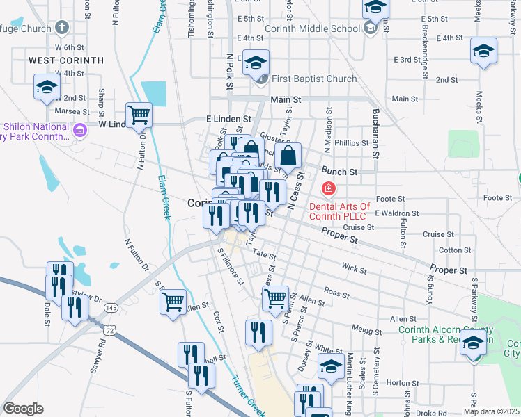 map of restaurants, bars, coffee shops, grocery stores, and more near 404 Taylor Street in Corinth