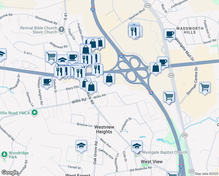 map of restaurants, bars, coffee shops, grocery stores, and more near 100 Peachwood Center Drive in Spartanburg