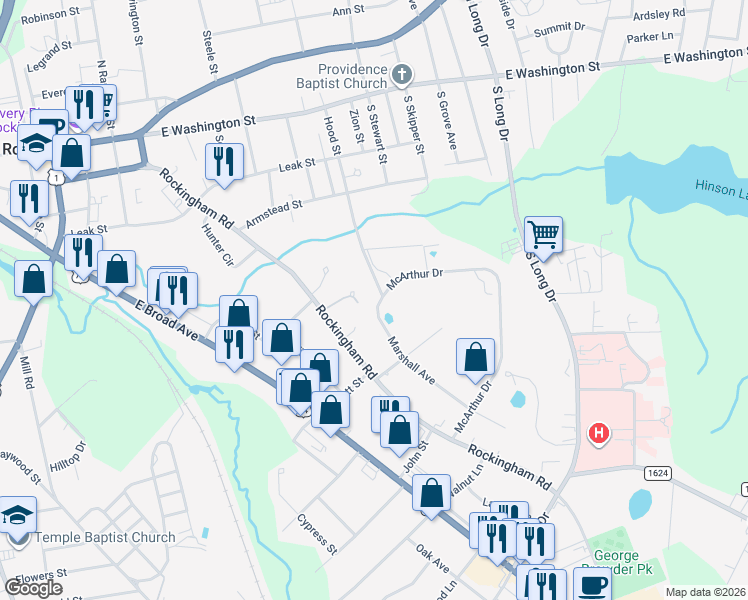 map of restaurants, bars, coffee shops, grocery stores, and more near 440 Marshall Avenue in Rockingham